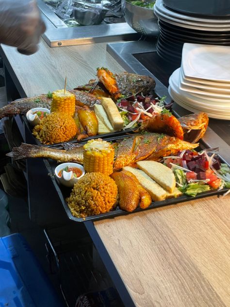 Food, Nigerian meal platter ,nigerian food ,nigerian meals ,food ,food plater ,plater meals ,fish plater ,meat plater ,steak ,jellof rice , nigerian jellof rice Food Platter, Nigerian Food, Food Platters, Aesthetic Food, Street Food