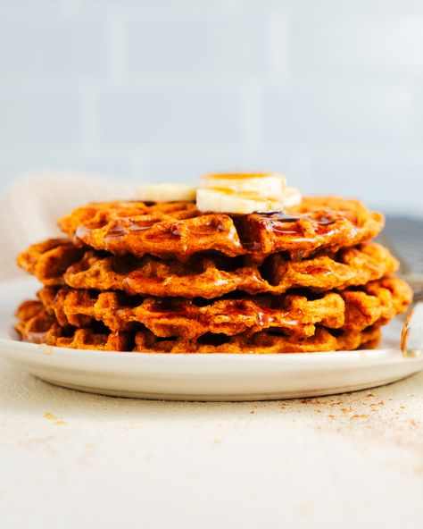 Sweet Potato Waffles Sweet Potato Flour Pancakes, Slenderiiz Approved Recipes, Easy Dill Pickles, Sweet Potato Flour, Vegan Ranch Dressing, Gluten Free Sweet Potato, Potato Waffles, Sweet Potato Waffles, No Flour Pancakes