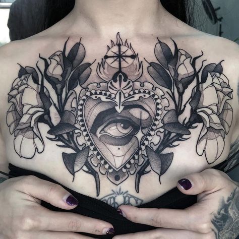 Neo Traditional Chest Tattoo, Traditional Chest Tattoo, Traditonal Tattoo, Goth Tattoo, Chest Tattoos For Women, Chest Piece Tattoos, Tattoo Portfolio, Knee Tattoo, Chest Piece