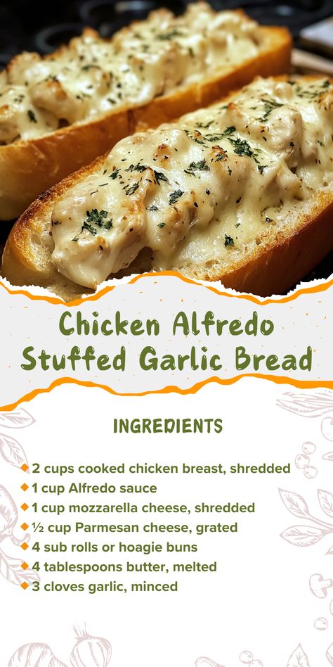 🥘 𝑫𝒊𝒓𝒆𝒄𝒕𝒊𝒐𝒏𝒔  
  
🔸 Preheat oven to 375°F (190°C).  
  
🔸 Mix chicken, Alfredo sauce, mozzarella, Parmesan, salt, pepper, and Italian seasoning in a bowl.  
  
🔸 Slice sub rolls in half lengthwise.  
  
🔸 Fill each roll with the chicken Alfredo mixture.  
  
🔸 Combine melted butter and minced garlic; brush over the rolls.  
  
🔸 Bake stuffed subs on a baking sheet for 15-20 minutes until cheese is melted and bread is toasted.  
  
🔸 Sprinkle with fresh parsley before serving. Chicken Alfredo Bread Boat, Chicken Alfredo Stuffed Garlic Bread, Chicken Alfredo Bread Bowls, Chicken Alfredo Monkey Bread, Chicken Alfredo Garlic Bread Recipe, Chicken Alfredo Garlic Bread, Stuffed French Bread Recipes, Chicken Alfredo Bread, Chicken Stuffed Bread