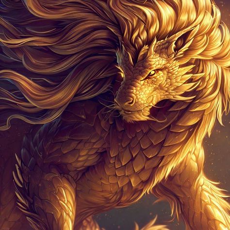 A golden dragon looking on the side with the face like lion and body like dragon. The eyes of the dragon is glowing yellow colour. The mane of the dragon is shiny gold Lion Dragon Hybrid, Dnd Golden Dragon, Gold Dragon Fantasy Art, Golden Warrior Fantasy Art, Star Dragon Art, Golden Dragon Aesthetic, Gold Dragon Aesthetic, Ancient Gold Dragon, Golden Creature