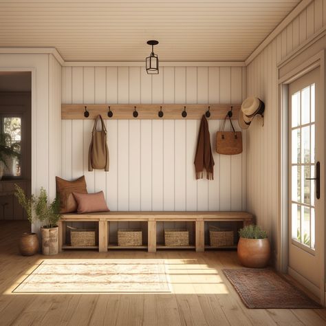 Step into the 'Country Glow', where the often-overlooked farmhouse mud room takes center stage, shining with grace and splendor. More than just a practical space, it radiates with a special luminosity reminiscent of sun-dappled meadows and morning mist over farmlands. With its thoughtful design, rustic touches, and the perfect play of light, the 'Country Glow' mud room isn’t just a place to leave behind the day's wear—it's a radiant invitation into the comforting embrace of home. Mud Room With Window Ideas, Rustic Country Interior, Farm Style Laundry Room, Rustic Modern Mudroom, Rustic Entrance Hall, Mediterranean Mud Room, Mud Room Entry Farmhouse, Modern Farmhouse On A Budget, Dining Room Mudroom Combo