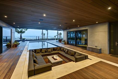 Photo 13 of 13 in The Conversation Pit Makes a Big Comeback in These Fabulous Modern Spaces from Atlantic Beach Modern - Dwell Conversation Pit, Modern Fire Pit, Sunken Living Room, Miller Homes, Atlantic Beach, Wood Patio, Beach Modern, Architecture Interiors, Concrete Patio