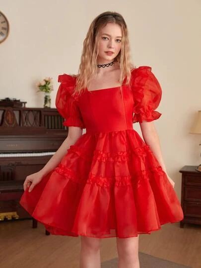 Short Puffy Dresses, Red Babydoll Dress, Layered Hem Dress, Poofy Dress, Red Dress Sleeves, Cocktail Dress Holiday, Ladylike Style, Puffy Dresses, Strawberry Dress