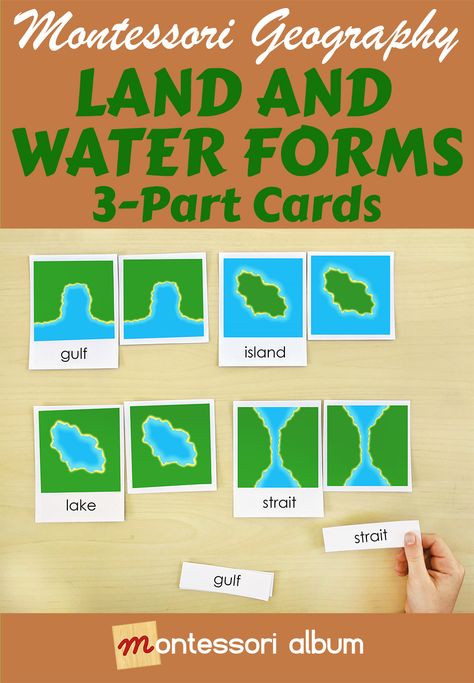 These FREE printable land and water form 3-part cards include bay, cape, gulf, island, isthmus, lake, peninsula, strait, and system of lakes. Glacial Landforms, Land Water Air Montessori, Water And Landforms, Major Landforms Of The Earth, Land And Water Forms Montessori, Toddler Organization, Montessori Geography, Geography Activities, Practical Life Activities