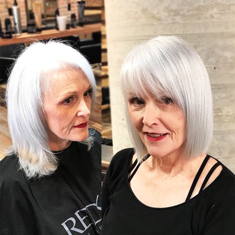 Sleek Platinum Blonde Bob #sleekhair #bob #bangs Platinum Blonde Bob, Bob Bangs, Bang Hairstyles, Grey Hair With Bangs, Hairstyles For Older Women, Silver Foxes, Pixie Hair, Bob Hairstyles For Fine Hair, Trendy Hair Color