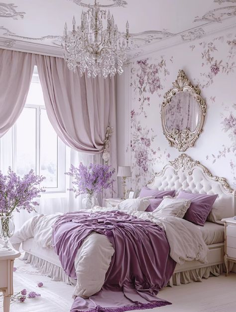 Light Purple Bedrooms, Purple Bedroom Design Lavender, Lavender Room Wallpaper, Lavender Wallpaper For Bedroom, Luxurious Bedrooms Purple, Lavender Bedroom Decor, Bridgerton House, Light Puprle Wallpaper For Bedroom, Easy Outdoor Projects