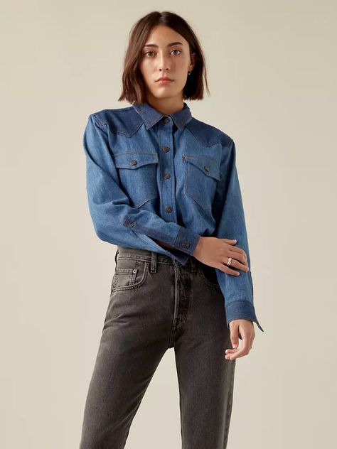 Levi’s® X Karla Western Shirt - Medium Wash | Levi's® US Karla Welch, Jean Shirt, Childhood Home, 2024 Outfits, Jeans Shirt, Modern Elements, Fishing Line, Alberta Canada, Western Shirt