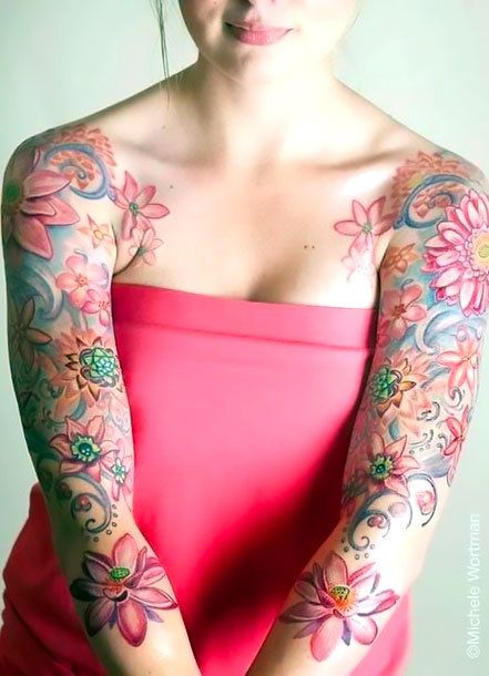 A pink floral tattoo sleeve inked on the woman's hands. Color: Pink. Tags: Nice Rose Tattoo Black, Boys With Tattoos, Full Tattoo, Girls With Sleeve Tattoos, Tattoo Trend, 4 Tattoo, Floral Tattoo Sleeve, Flower Sleeve, Disney Tattoo