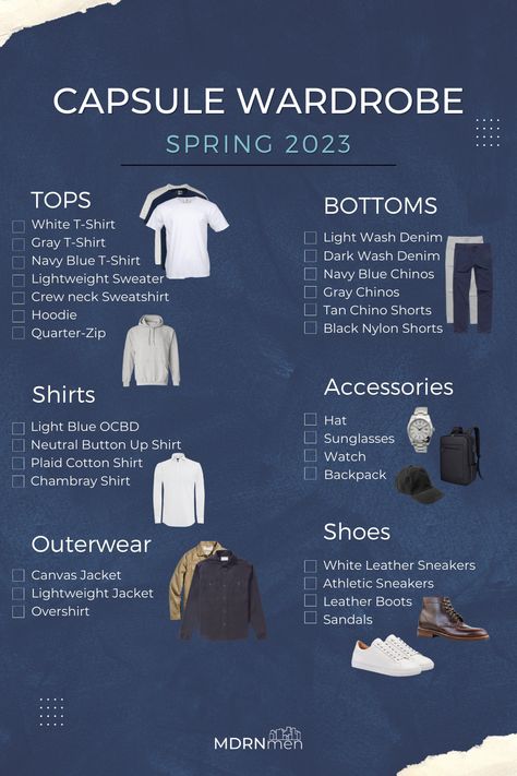 Capsule Wardrobe For Men Checklist - Spring 2023. Every item you will need for Spring Minimalist Wardrobe Men, Capsule Wardrobe Men, Men's Capsule Wardrobe, Mens Wardrobe Essentials, Capsule Wardrobe Casual, Mens Smart Casual Outfits, Mens Business Casual Outfits, Minimalist Fashion Men, Mens Business