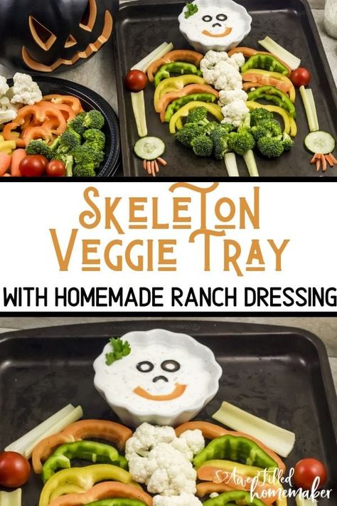 This Skeleton Veggie Tray with Homemade Ranch Dressing is so cute and delicious! Perfect for fall, Halloween or even for fun activity with kids to learn anatomy! Such a unique way to get those vegetables in too! #Vegetables #Veggies #Skeleton #VeggieTray #Halloween #Fall #HumanAnatomy #Anatomy Skeleton Veggie Tray, Halloween Homeschool, Learn Anatomy, Pasteles Halloween, Vegetable Tray, Ranch Recipe, Homemade Ranch Dressing, Eat Veggies, Homemade Ranch