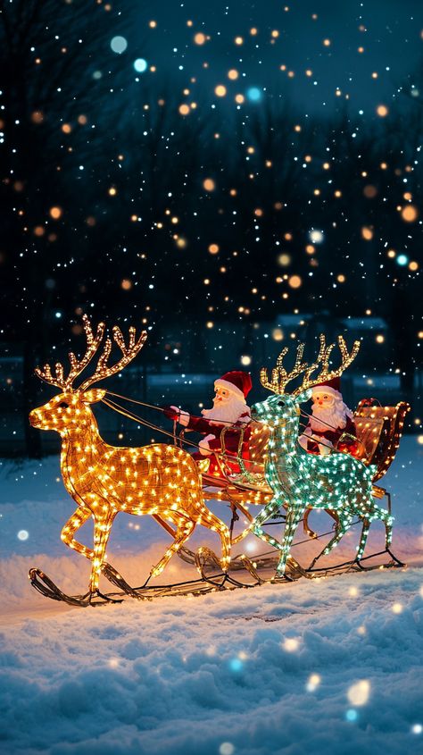 Three lighted reindeer pull Santa in a sleigh on snow, creating a festive atmosphere under a night sky. Christmas Lighting Ideas, Canes Decor, Reindeer Lights, Twinkle String Lights, Christmas Planters, Star Lanterns, Christmas Lighting, Santa Decorations, Outdoor Display