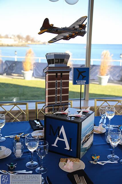 Themed Centerpieces - Airplane Themed Centerpiece Air Force Table Centerpieces, Airplane Centerpieces Table Decorations, Airplane Graduation Party, Air Force Centerpiece Ideas, Airplane Centerpiece Ideas, Photo Cube Centerpiece, Aviation Wedding Invitations, Airport Party, Cube Centerpiece