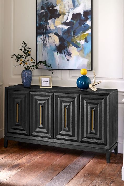 Black Sideboard Living Room, Sideboard Living Room, Sideboard Gold, Sideboards Living Room, Black Sideboard, Large Sideboard, Carved Doors, Metal Work, Mango Wood