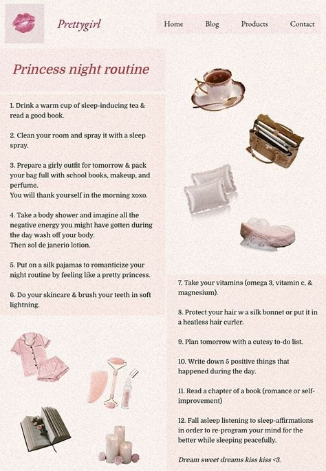 Princess night routine aesthetic blog 🎀👸 Princess Night Routine, Clean Ur Room, Princess Skincare, Night Routine Aesthetic, Aesthetic Blog, Sleep Spray, Heatless Hair, Routine Aesthetic, Princess Beauty