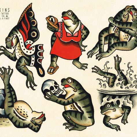 Owen Jensen Tattoo Flash, Frog Tattoo Traditional, Old School Frog Tattoo, Japanese Frog Tattoo, Traditional Frog Tattoo, Old School Flash Tattoo, Frog Flash Tattoo, Clown Tattoo, Frog Tattoos