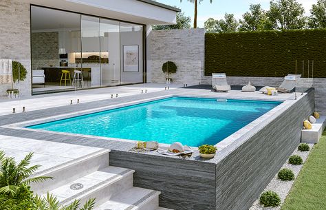 Semi Inground Swimming Pool | Aboveground Pools | Blue Haven Pools Semi Above Ground Pool, Aboveground Pool, Pool Design Modern, Blue Haven Pools, New House Construction, Kleiner Pool Design, Moderne Pools, Semi Inground Pools, Pools Backyard Inground