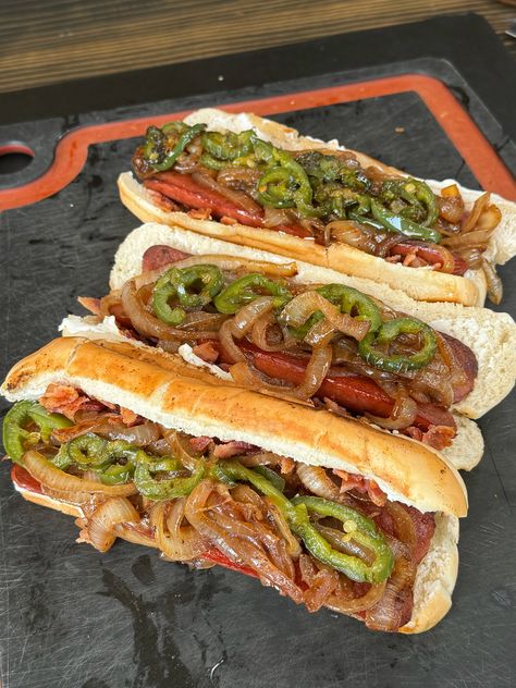 Seattle Hot Dogs - Grill Nation - Recipes, Grills and Grilling Products Seattle Dog Recipe, Seattle Hot Dog Recipe, Seattle Hot Dog, Party Ribs, Bacon Jam Burger, Grill Nation, Bacon Hot Dogs, Bacon Crisps, Grilling Hot Dogs