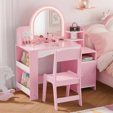 Amazon.com: MU Kids Vanity with Lights, Princess Makeup Vanity Desk with Open Bookshelf, Storage Cabinet & Shelves, 2 in 1 Toddler Vanity Table & Chair Set with Lighted Mirror for Little Girls, Pink : Home & Kitchen Girls Makeup Vanity, Toddler Vanity, Vanity With Lights, Vanity Set Up, Open Bookshelf, Girls Vanity, Cabinet Shelves, Makeup Vanity Desk, Princess Makeup