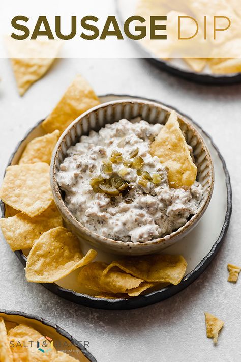 My favorite chip dip of all time: this sausage dip is one you can count on! This spicy sausage cream cheese dip is highly addicting and loved by everyone! It's the perfect appetizer and chip dip for game day or parties! #saltandbaker #sausagedip #chipdip #dip #appetizerrecipe #gamedayfood #gamedayrecipe #gameday #manfood #food #footballfood #football #easyappetizers Jimmy Dean Sausage Dip, Banquet Foods, Sausage Dip With Cream Cheese, Sausage Cream Cheese Dip, Tailgate Foods, Superbowl Recipes, Sausage Cream Cheese, Jimmy Dean Sausage, Sausage Dip