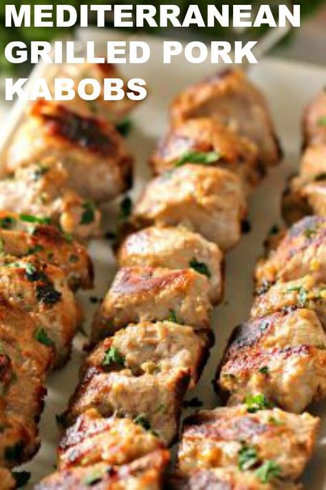 These Mediterranean Grilled Pork Kabobs are so juicy, tender and full of flavor. If you have never tried making pork kabobs, this is a recipe I definitely recommend giving a try. You will not be disappointed! Pork Kabob Marinade, Kabob Marinade, Pork Kebabs, Pork Kabobs, Grilled Kabob Recipes, Recipes Mediterranean, Mediterranean Foods, Pork Skewers, Pork Marinade