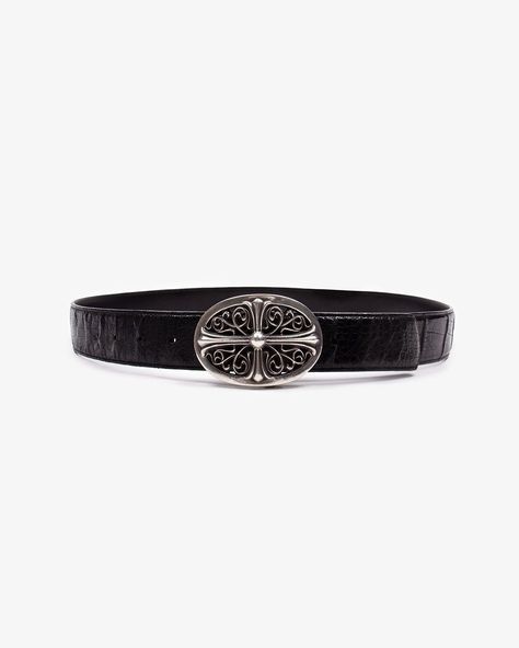 CHROME HEARTS BLACK CROCODILE OVAL CROSS BUCKLE BELT Chrome Heart Belt, Chrome Hearts Belt, Cross Buckle, Heart Belt, Heart Accessories, Accessories Fashion, Chrome Hearts, Buckle Belt, Mens Accessories Fashion