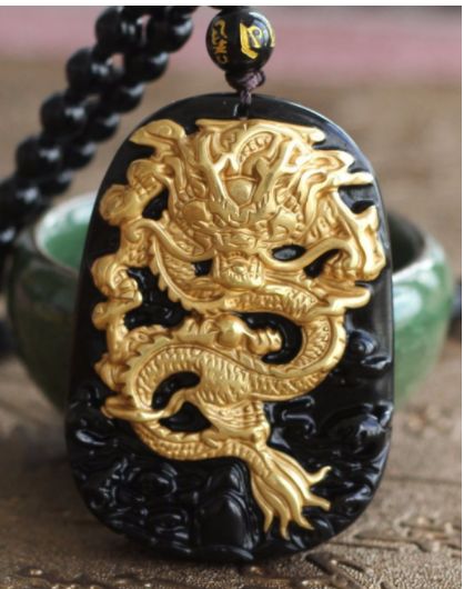 Imperial Dragon Amulet Obsidian Dragon, Tibetan Necklace, Black Obsidian Stone, Yellow Dragon, Golden Dragon, Obsidian Stone, Watch Jewelry, Gold Dragon, Dragon Necklace