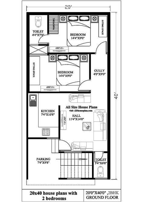 20×40 house plans with 2 bedrooms | Best 2bhk house plans 800 Sq Ft House, 1 Bedroom House Plans, 20x40 House Plans, Guest House Plans, House Plan With Loft, 2bhk House Plan, Unique House Plans, Little House Plans, Pool House Plans