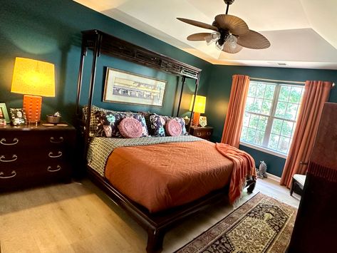 My Memaw just passed this gorgeous bedroom suite diwn to me! I’ve been obsessed with it since I was a little girl. There are actually lights on the headboard that use to turn on if you touched the wood, but I think I broke thsf feature turning them on and off repeatedly as a kid because I thought it was so cool 😆 The walk color is Behr Ocean Abyss. Many items in the room are thrifted like the rug and artwork. Ocean Abyss Behr, Behr Ocean Abyss, Ocean Abyss, Gorgeous Bedrooms, My Bedroom, Boys Bedroom, The Walk, Blue Bedroom, Boy's Bedroom