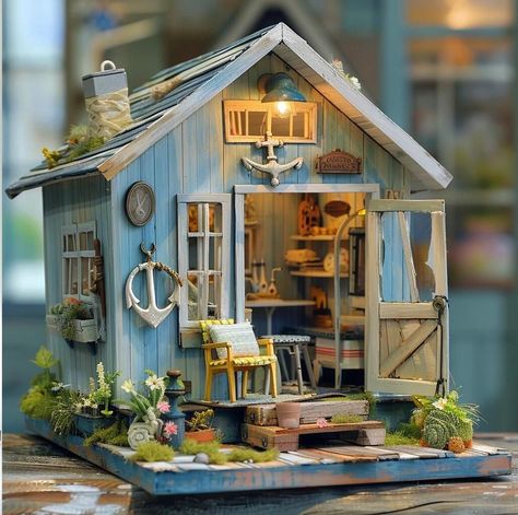 Beach Dollhouse, Beach Theme Garden, Doll Suitcase, Fall Beach, Miniature Diy, Miniature Houses, Miniature House, Fairy Houses, Miniature Furniture