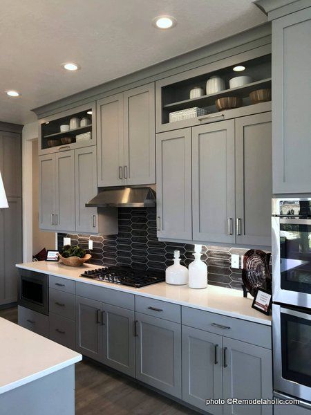 Dark Gray Backsplash, Light Grey Kitchen Cabinets, Grey Cupboards, Gray Kitchen Cabinets, Light Grey Kitchens, Lower Cabinets, Light Gray Cabinets, Black Backsplash, Grey Kitchen Designs