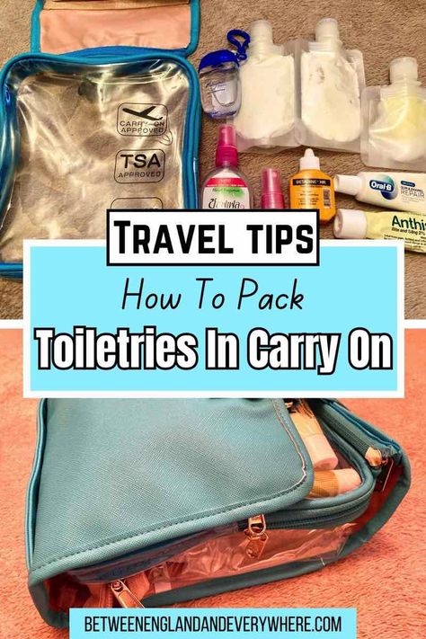 top image: TSA liquids bag with liquids. bottom image: blue and clear plastic folding toiletries bag Toiletries List, Uk Airport, Carry On Toiletries, Thailand Packing List, Packing Toiletries, International Travel Packing, Thailand Packing, Carry On Packing Tips, Carry On Packing