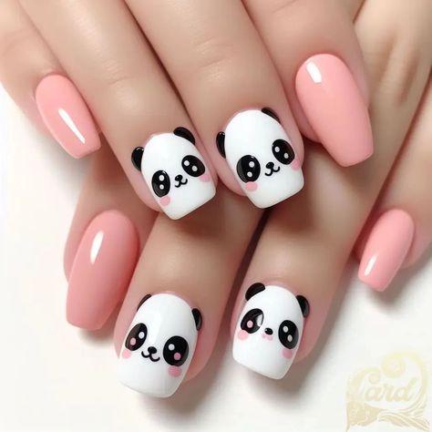 Panda Acrylic Nails, Koala Nails Designs, Panda Nails Art, Cute Panda Nail Art, Panda Nails Designs, Panda Nail Art Design, Kids Manicure Ideas, Cute Animal Nail Art, Panda Nails