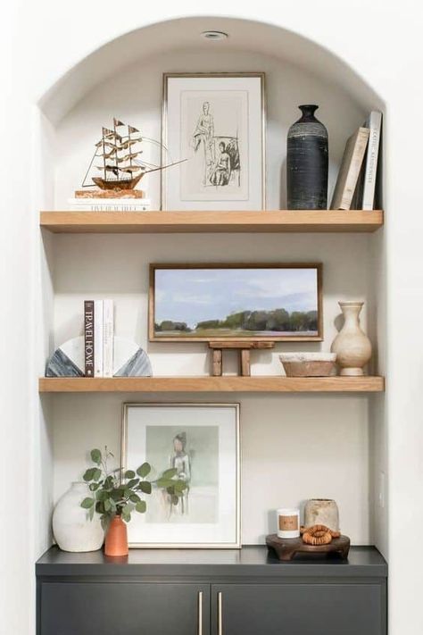 20 Built-in Bookshelf Styling Ideas » Lady Decluttered Built In Bookshelves With Sconces, Built In Shelves Entryway, Built In Shelf Styling, Built In Floating Shelves, Office Shelf Styling, Office Bookshelf Styling, Built In Styling, Bookshelf Styling Ideas, Styling A Bookshelf