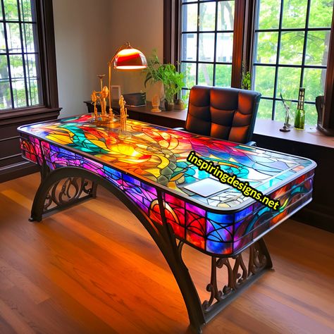 Stained Glass Furniture, Stained Glass Workshop, Castle Furniture, Workshop Decor, Cozy Studio Apartment, Stained Glass Table, Tiny Studio Apartments, Glass Desk, Lampe Decoration