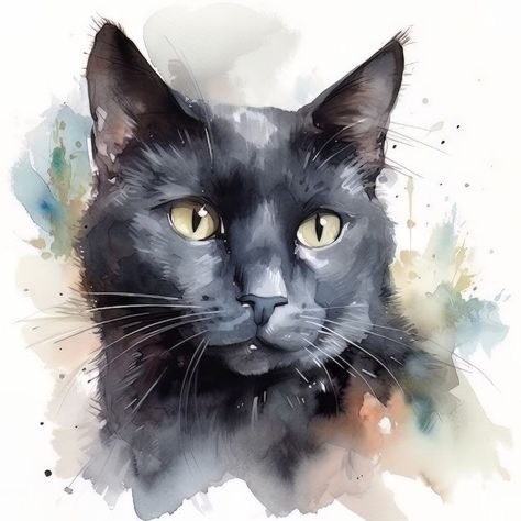 Black Cat Painting Watercolor, Watercolor Black Cat Tutorial, How To Paint A Black Cat In Watercolor, Black Cat Portrait Painting, Watercolour Black Cat, Black Cat Watercolor Paintings, Watercolor Cat Portraits, Watercolour Cats Painting, Cat Drawing Watercolor