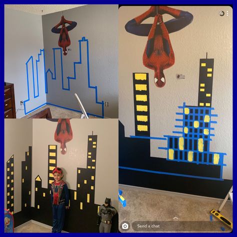 Spider Man Wall Painting Ideas, Superhero Wall Painting, Spiderman Mural, Super Hero Room, Spiderman Room Aesthetic, Superhero Boys Room, Spiderman Room Decor, Superhero Room Decor, Marvel Bedroom