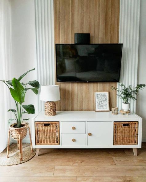 a stylish IKEA Kallax TV console with woven drawers and doors with knobs is a cool solution for a Scandinavian space Kallax Tv Console, Ikea Kallax Tv, Ikea Decor Hacks, Aesthetic Home Design, Desk Hacks, Ikea Ideas, Ikea Living Room, Ikea Desk, Ikea Decor