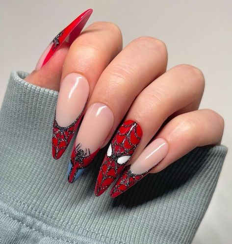 Nails Acrylic Cartoon, Short Cartoon Nails, Pink Cartoon Nails, Cartoon Nails Disney, Nails Art Halloween, Halloween Nails Red, Cartoon Nails Acrylic, Red Halloween Nails, Nails Different Colors