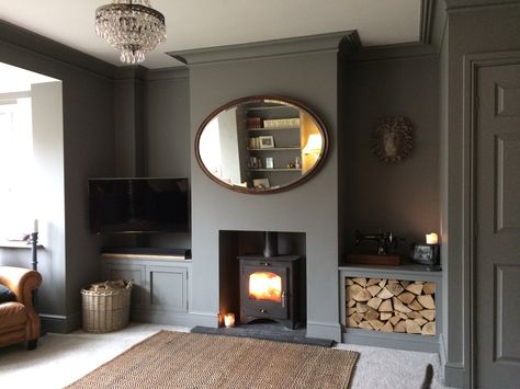 Farrow and Ball - Moles Breath. Living room. Style it dark. Vintage. Grey room. Log burner. Instagram -HeritageDecorating Moles Breath, Alcove Ideas Living Room, Log Burner Living Room, Snug Room, Victorian Living Room, Dark Living Rooms, Picture Rail, Cosy Living, Living Room Decor Fireplace