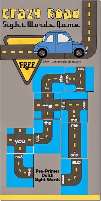 Crazy Road Sight Words Game - This is a really FUN printable game to help kids from Preschool, Kindergarten, to 1st Grade and beyond practice Pre Primer Dolch Words.  LOVE this idea!! Pre K Sight Words, Increase Reading Fluency, 123 Homeschool 4 Me, Pre Primer Sight Words, Preschool Sight Words, Sight Word Fun, Sight Words Printables, Learning Sight Words, Teaching Sight Words