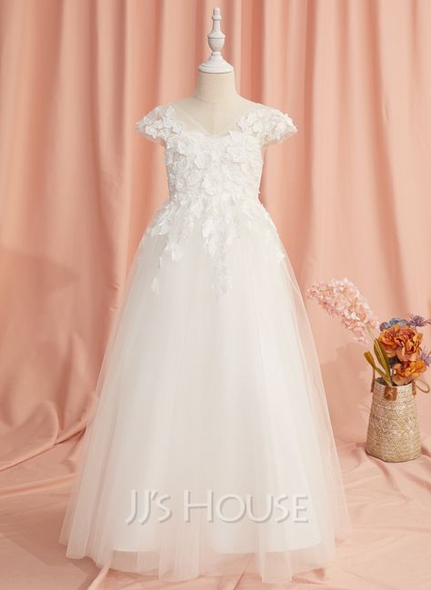 A-Line Floor-length Flower Girl Dress - Tulle Short Sleeves V-neck With Lace/Flower(s) (010255691) - JJ's House Flower Girl Dresses Floor Length, Neck Flower, Girls Tulle Dress, Flower Sleeve, Girls Dresses Online, Ball Gowns Princess, Dresses Fall, Girl Sleeves, Tulle Flower Girl