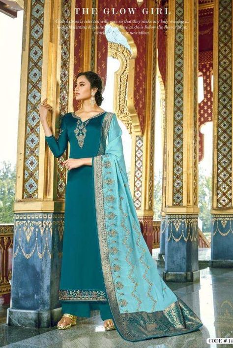 SAHIRA BY RSF 14101 TO 14106 SERIES BEAUTIFUL STYLISH SHARARA SUITS FANCY COLORFUL CASUAL WEAR & ETHNIC WEAR & READY TO WEAR PURE SATIN GEORGETTE WITH EMBROIDERY DRESSES AT WHOLESALE PRICE. LOOK FOR CATALOGUES OF CURRENT DATE OR 15 DAYS PRIOR TO THE CURRENT DATE FROM PUBLISHED DATE, AS STOCK UPDATE FOR EVERY CATALOGUE IS NOT POSSIBLE ON THE WEBSITE. Catalog, SAHIRA BY RSF. Pcs, 6. MOQ,   #DRESSES #EMBROIDEREDSUITS #georgette #RiddhiSiddhiFashion #SHARARASUITS Diwali Dresses, Satin Suit, Teal Green Color, Churidar Suits, Salwar Suits Online, Designer Salwar Suits, Salwar Kameez Designs, Ethnic Dress, Pretty Clothes