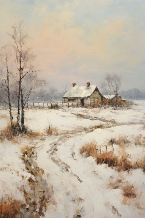 This evocative digital artwork offers a glimpse into a quiet winter morning in the countryside. A rustic cottage with snow-kissed rooftops stands resolute against the chilly embrace of nature, the brick chimneys hinting at the warmth within. Surrounding the home, a snowy expanse stretches out, punctuated by fragile trees, their bare branches testifying to the season's bite. Snowy English Countryside, Snowy Road Painting, Snowy Cabin Painting, Snow Oil Paintings Winter Landscape, Impressionist Snow Paintings, Farm Paintings, Winter Landscape Painting, Winter Cottage, Snow Pictures