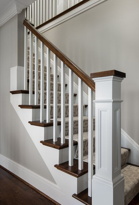 Farmhouse Upgrades, Stair Colors, Lake Stairs, Lake Front Cottage, Craftsman Stairs, Stair Railing Ideas, Craftsman Staircase, Build Stairs, Stairs Skirting