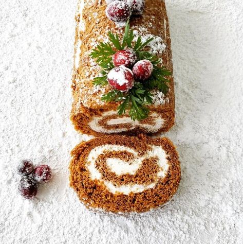 Gingerbread Cake Roll With Eggnog Whipped Cream | Foodtalk Gingerbread Cake Roll Recipe, Gingerbread Cake Roll, Eggnog Whipped Cream, Pecan Roll, Gingerbread Bundt Cake, Talenti Gelato, Cake Roll Recipes, Classic French Dishes, Warm Cake