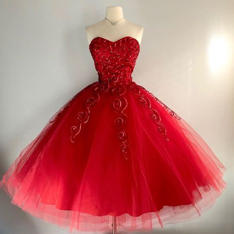 2,793 Likes, 78 Comments - Miss V (@nouveau2you) on Instagram: “( sold ) SPECTACULAR Vintage 1950’s lipstick red sequin tea length dress Medium. 🌹Shop link in bio.…” Red Sweet 16 Dresses, Sweet 16 Dresses Short, Prom Dress Unique, Short Puffy Dresses, Poofy Dress, Short Red Prom Dresses, Miss V, Red Quinceanera Dresses, Tea Length Dress