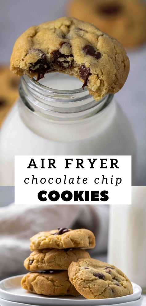 Chocolate chip air fryer cookies Air Fryer Chocolate Chip Cookies, Air Fryer Cookies, Cookie Base Recipe, Small Batch Cookie Recipe, Small Batch Cookies, Air Fryer Recipes Dessert, Make Chocolate Chip Cookies, Air Fryer Recipe, Chewy Chocolate Chip Cookies