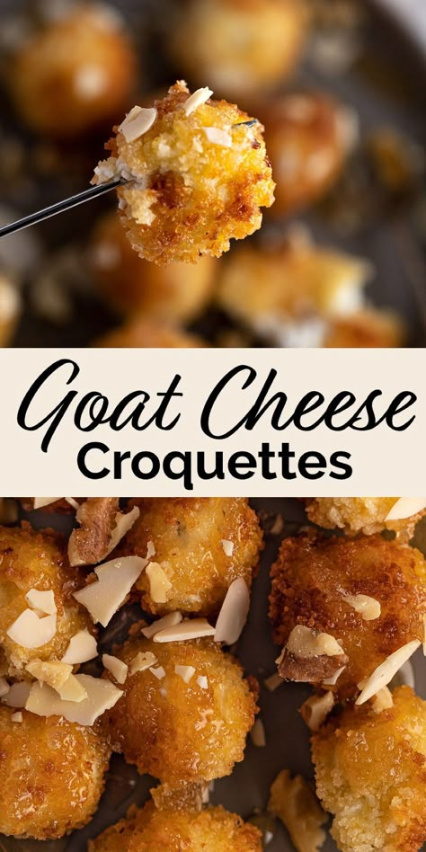 Goat Cheese Croquettes Recipe, Goat Cheese Croquettes, Goat Cheese And Honey Appetizer, Almond Appetizer, Goat Cheese Snacks, Croissant Appetizers, Crispy Goat Cheese, Cheese Croquettes, Goat Cheese Appetizer