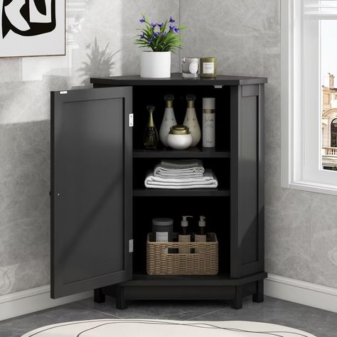 PRICES MAY VARY. ELEGANT & STYLISH: This white storage cabinet with doors is designed not only to meet your visual demands, but also to satisfy your functional needs. With inside two shelves, it can meet your various storage needs. Wooden knobs make it convenient for you to open and close. The closed storage room with doors can keep your stuff dry and clean. STURDY & MOISTURE-PROOF: Made of high quality MDF board which is more good-quality than the usually-use particleboard in others.As the pane Corner Bathroom Cabinet, Bathroom Cabinet Colors, Bathroom Corner Storage, Black Cabinets Bathroom, Bathroom Corner Shelf, Storage Cabinet With Doors, White Storage Cabinets, Corner Storage Cabinet, Narrow Cabinet